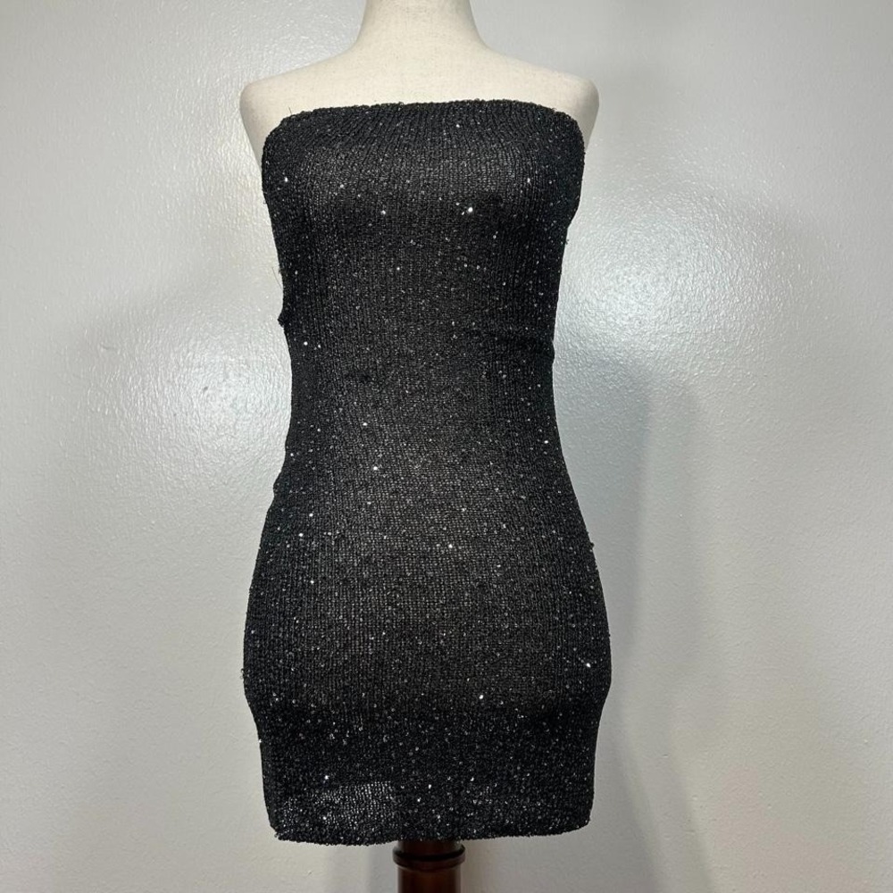 NWT White Fox Black Sequin Strapless Mini Dress Tie Back Club Party Womens XS